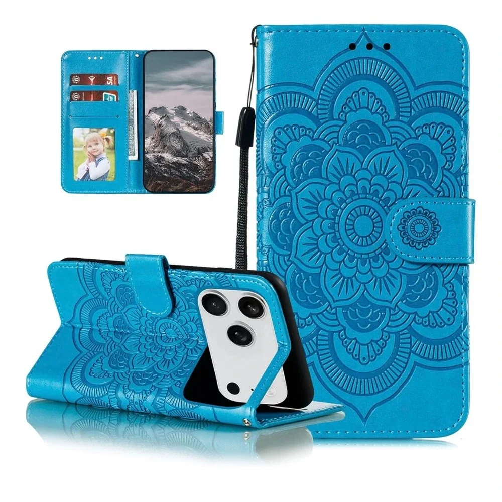 Blue Mandala Embossed Wallet Phone Case Folio Card Holder Wristlet Kickstand
